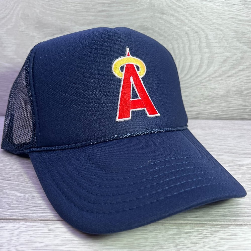 NEW VINTAGE STYLE ANAHEIM LOS ANGELES ANGELS BLUE TRUCKER HAT MESH BACK…